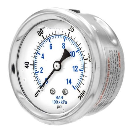 Engineered Specialty Products, Inc Pic Gauges 2 1/2" Pressure Gauge, Liquid Filled, 200 PSI, SS Case, Center Back Mount, PRO-202L-254G PRO-202L-254G